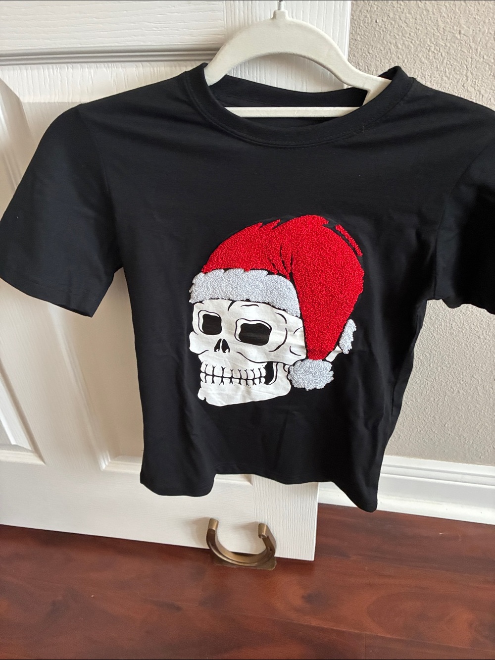 Black Kids Tee with Red Santa Skull Graphic Christmas Holiday